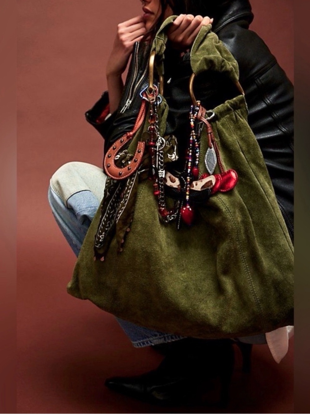 Free People Bobbi Slouch Suede Tote Olive Green Leather BNWT SOLD OUT - Picture 2 of 8